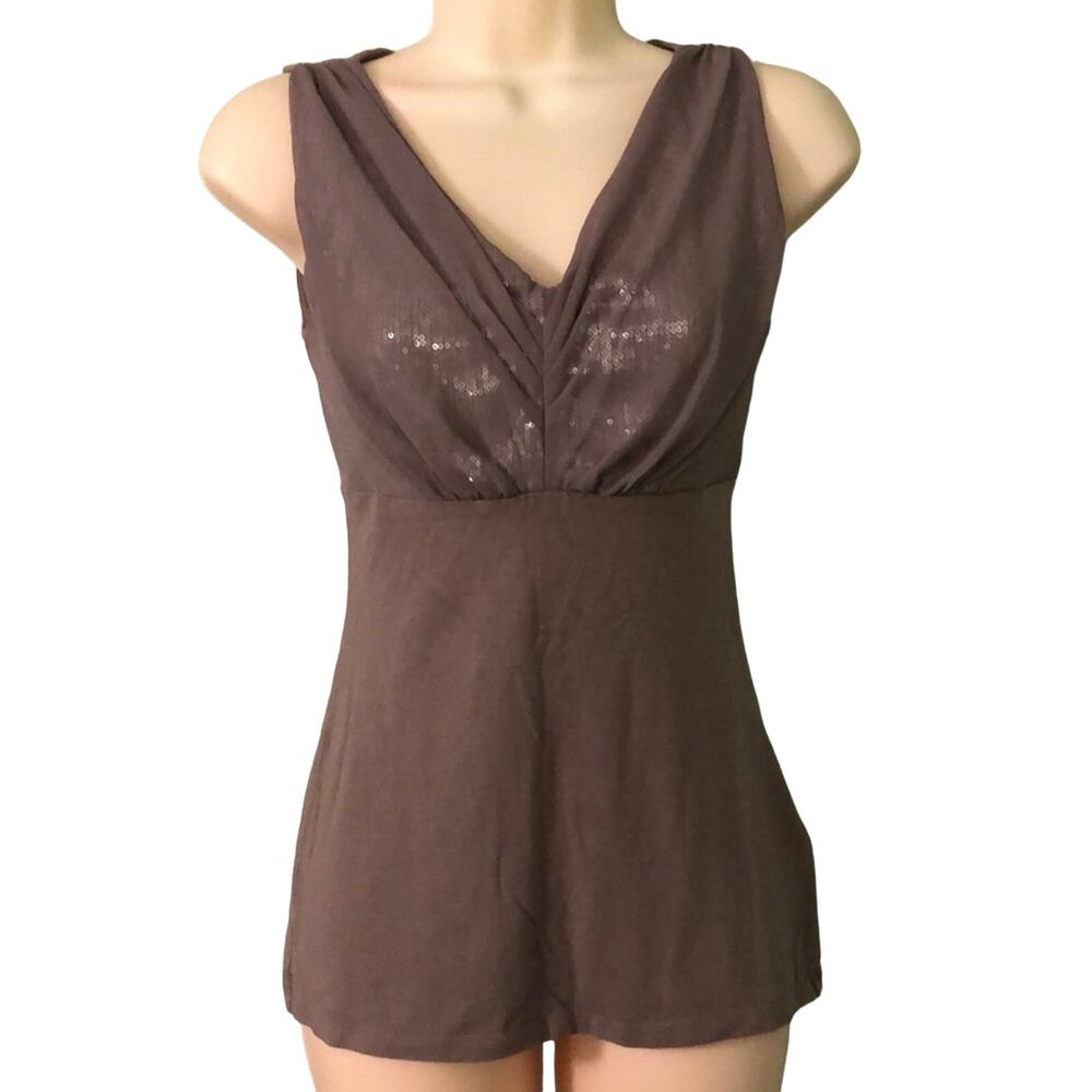Express XS Brown Knit Top Sequins and Chiffon Empire Waist in front